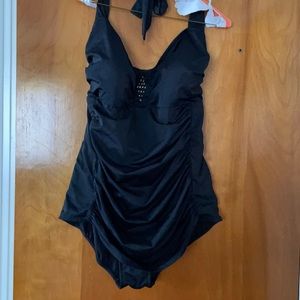 Black halter swimsuit with gold accent 3X